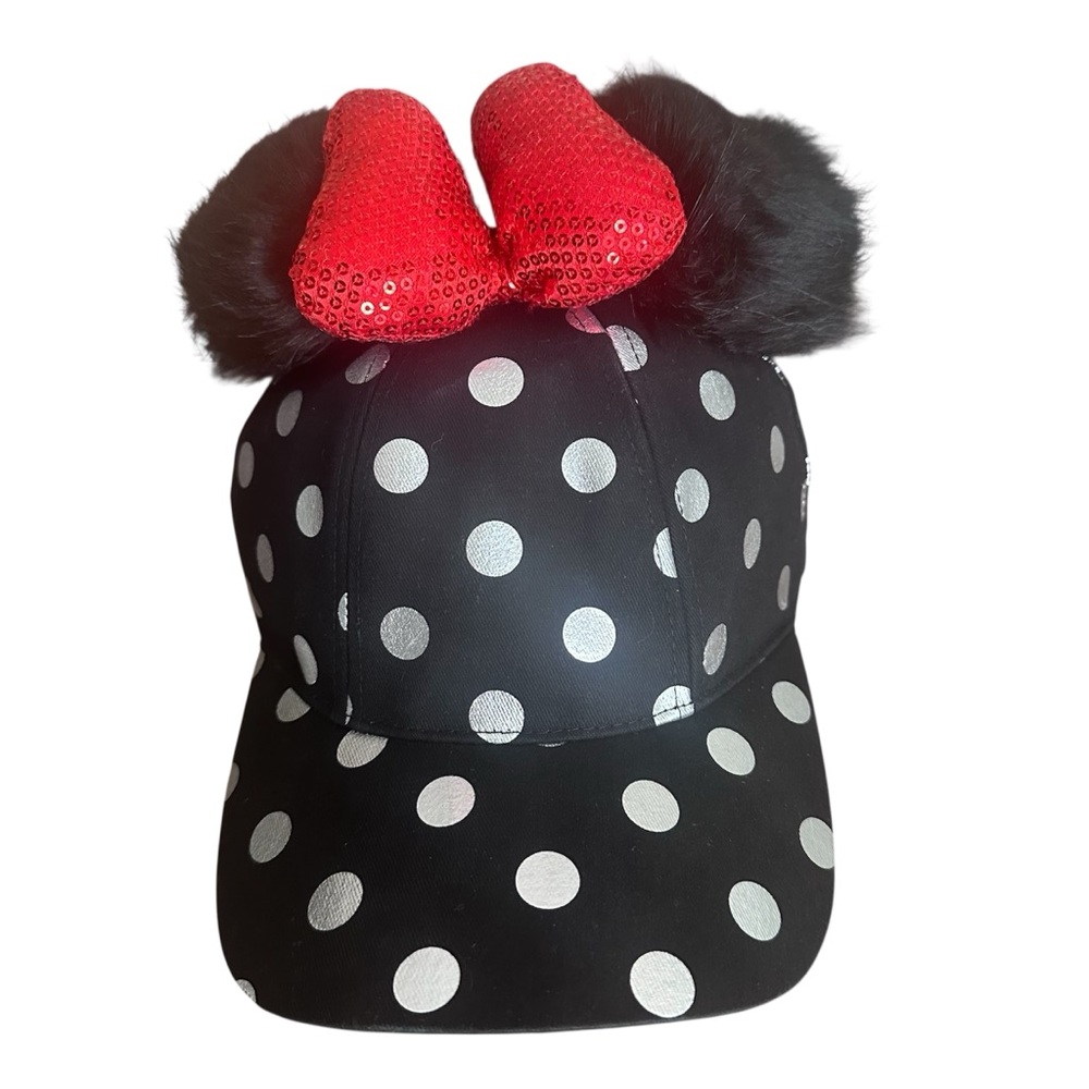 Disney Parks Minnie Mouse Polka Dot Baseball Cap with Faux Fur Ears & Sequin Bow